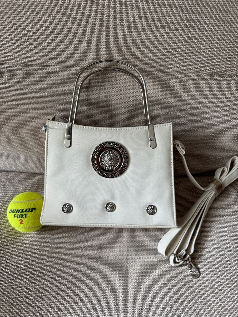 White Mini Top-Handle Crossbody Bag with Decorative Medallion